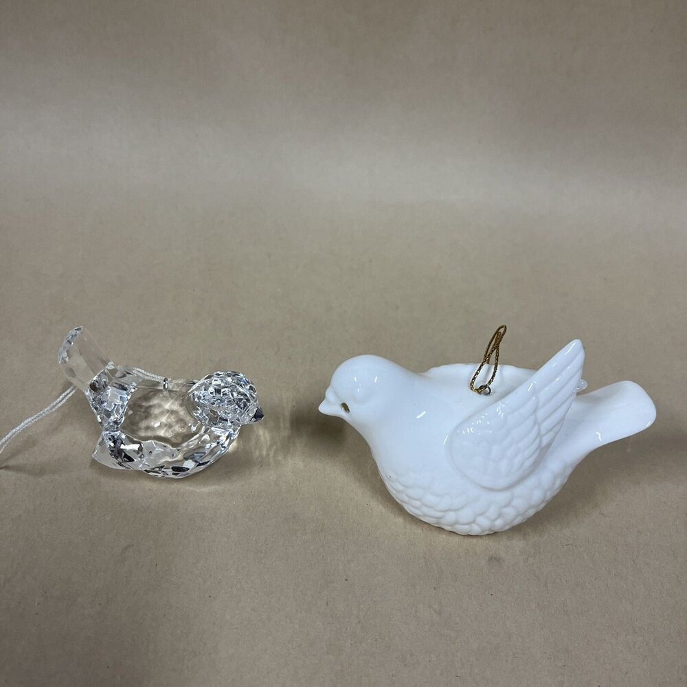 VTG Ceramic White Turtle Dove‎ Peace & Acrylic Clear Crystal Bird Ornaments
